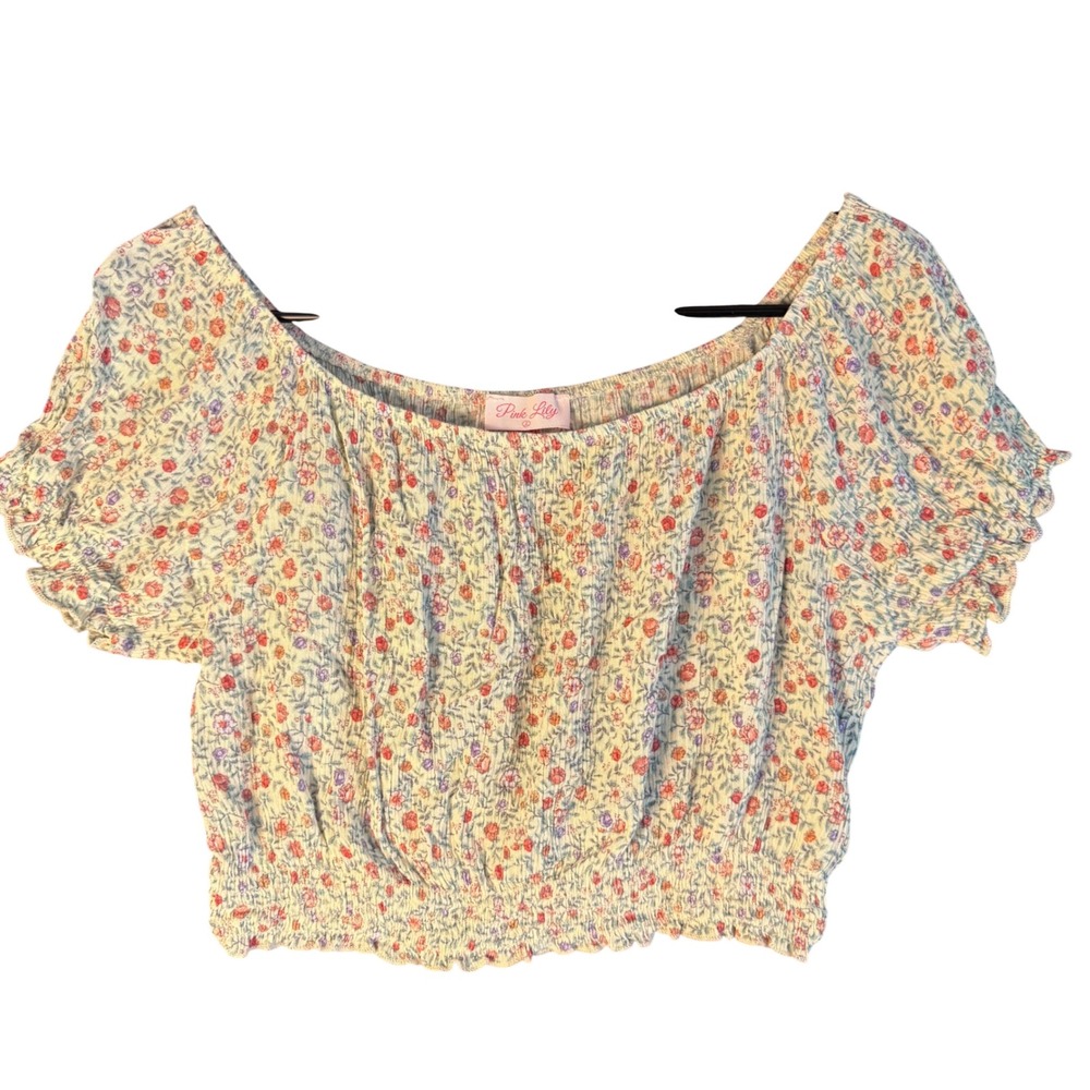 Womens L Smocked Crop Top Ditsy Floral Puff Sleeve Milk Maid Cottage Coquette